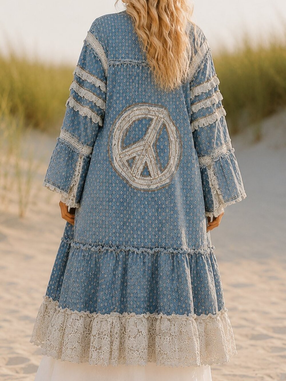 POL NWT Denim Eyelet Lace Peace Sign Maxi Duster Kimono Jacket Boho Festival - Picture 4 of 11